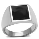 Men's black silver square ring featuring a polished black stone centerpiece and sleek design