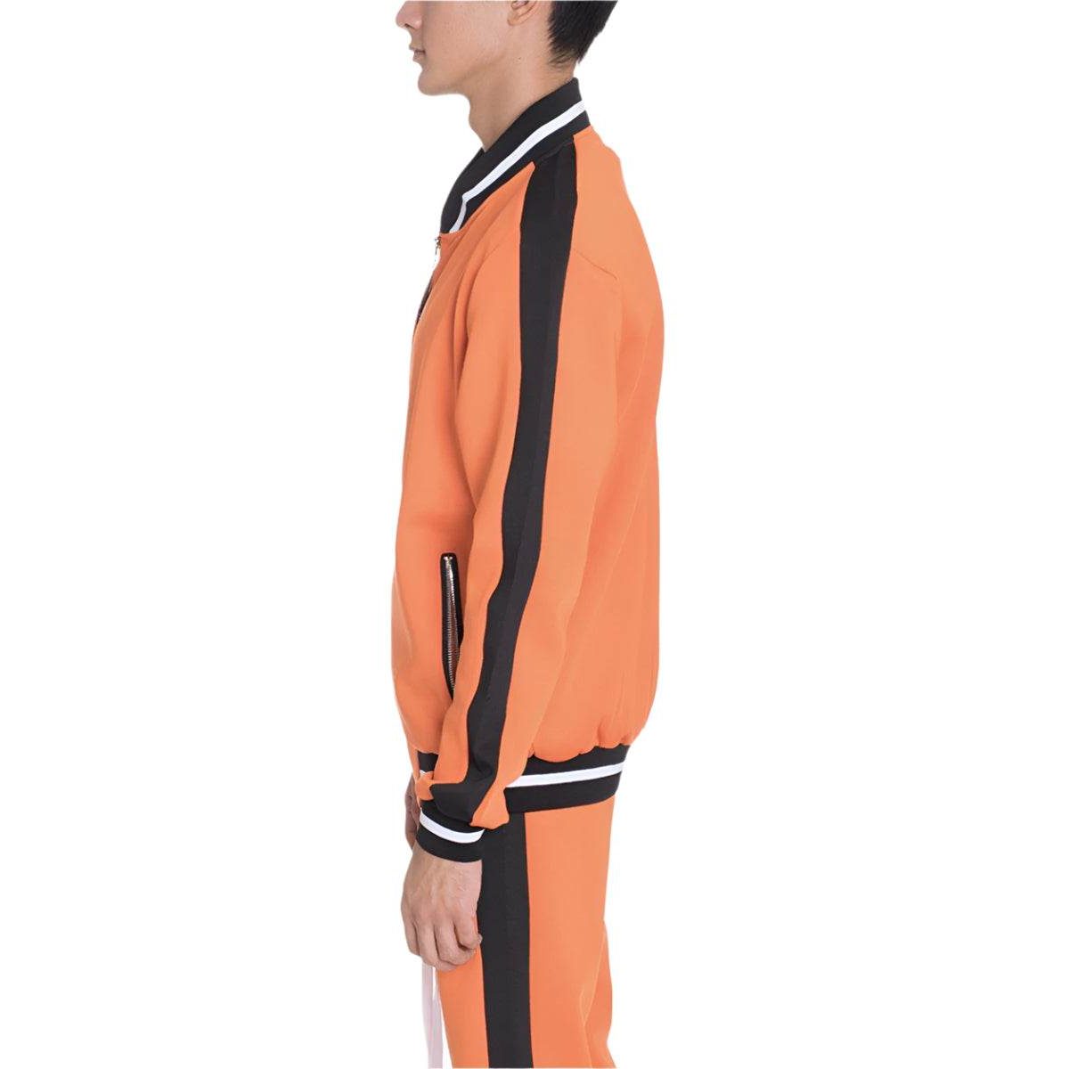 Men's black stripe rally jacket in orange with stylish side stripes and a modern fit