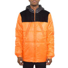 Men's black suede down jacket with a distinctive orange and black colorblock design