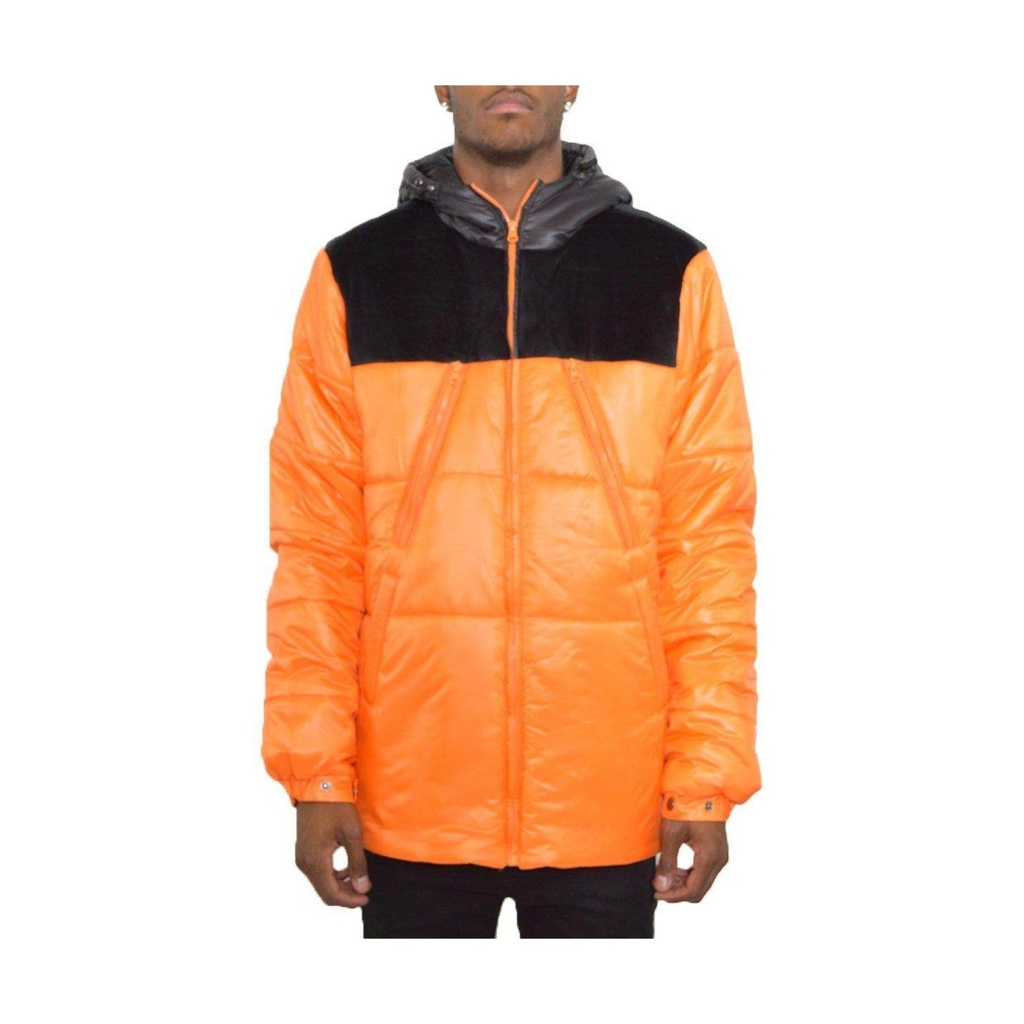 Men's black suede down jacket with a distinctive orange and black colorblock design