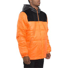 Men's black suede down jacket with an orange body and black hood for stylish winter wear