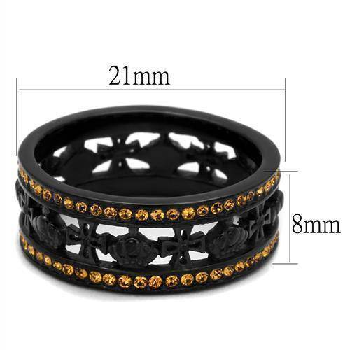 Black topaz crystal ring with intricate detailing and gold-tone accents, measuring 21mm wide
