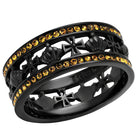 Elegant black topaz crystal ring with intricate cross designs and sparkling gemstones