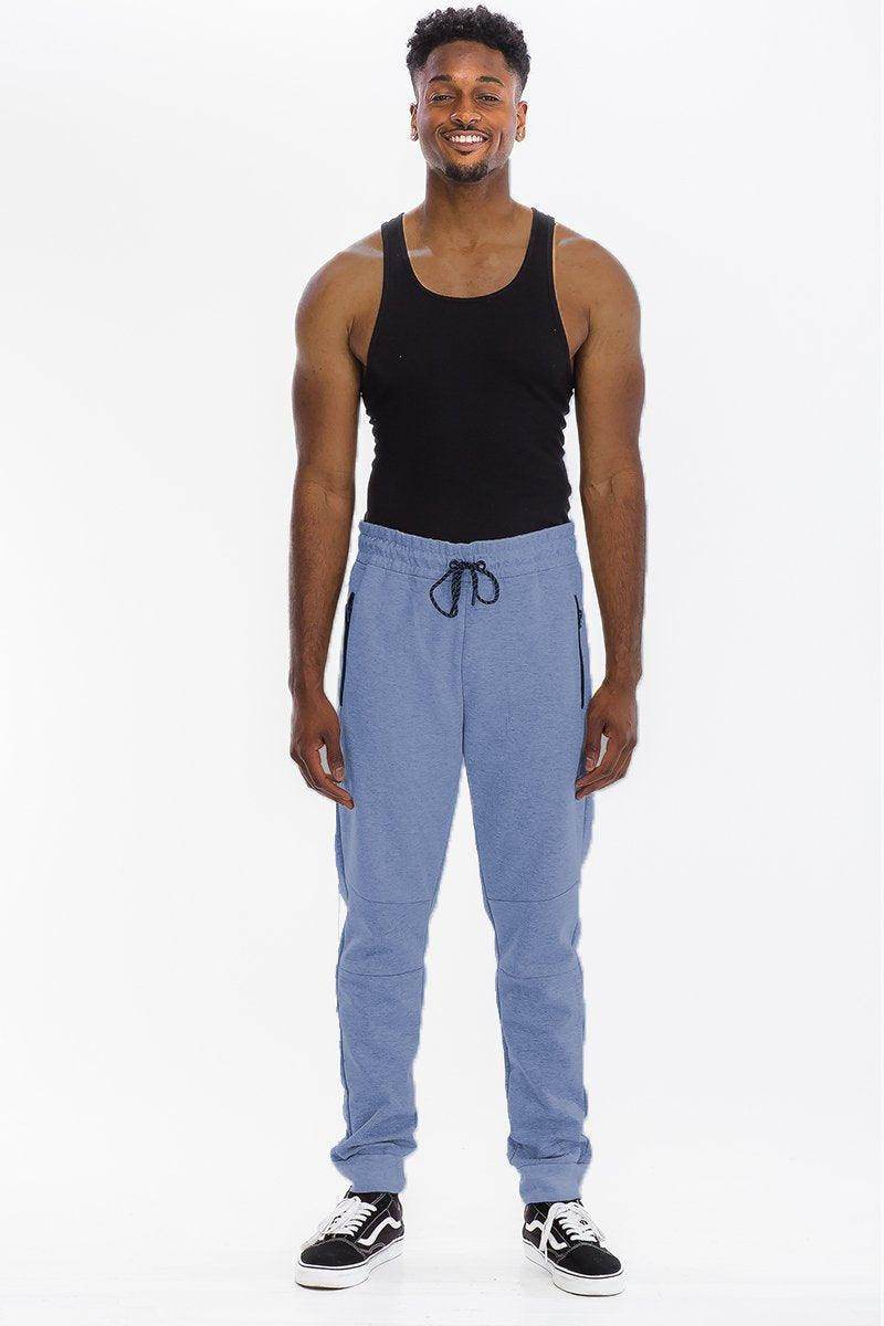 Comfortable blue cotton sweatpants men with adjustable drawstring and side pockets for casual wear