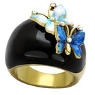 Elegant blue crystal stainless steel ring featuring butterfly accents and a glossy black finish
