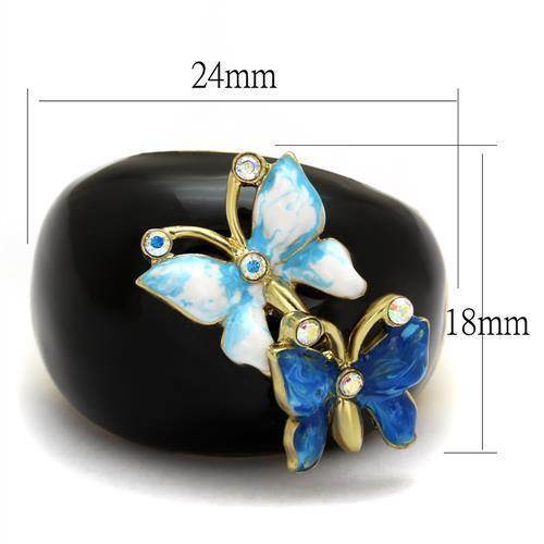 Blue crystal stainless steel ring featuring butterfly design with intricate details and vibrant colors