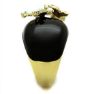 Stunning blue crystal stainless steel ring with black stone and elegant gold floral design
