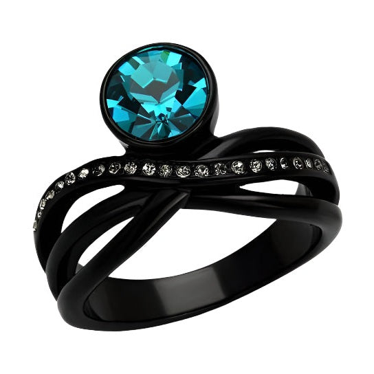 Stylish black synthetic ring featuring a prominent blue crystal synthetic ring with sparkling accents
