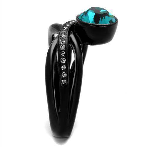 Elegant black ring featuring a blue crystal synthetic ring with sparkling accents