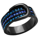 Stylish women's ring featuring blue synthetic crystal jewelry in a sleek black band