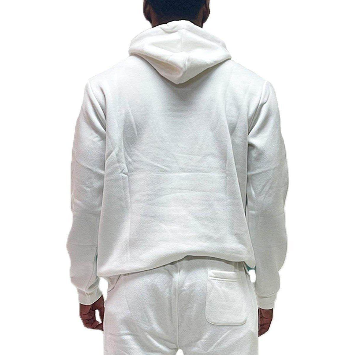 Back view of a relaxed fit white pullover hoodie, perfect for casual wear and layering