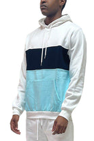 Men's blue white pullover hoodie with color block design and front pocket for casual wear