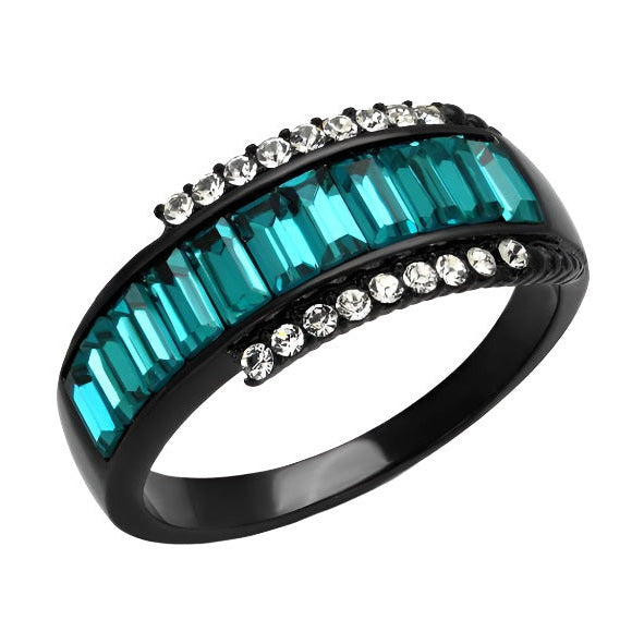 Stylish blue zircon crystal ring with a unique design featuring emerald-cut and round-shaped stones