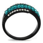 Black band blue zircon crystal ring featuring sparkling square and round crystals