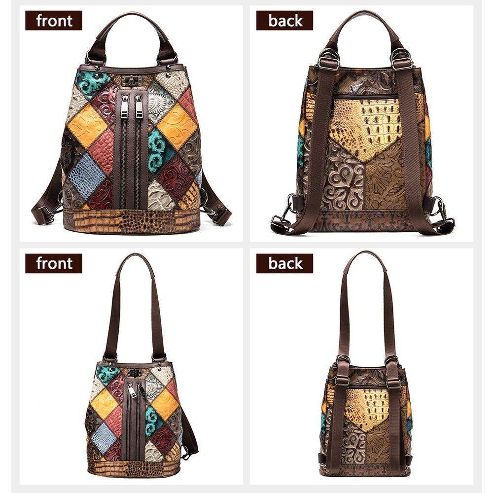 Boho leather travel backpack with colorful patchwork design and sturdy straps for stylish travelers