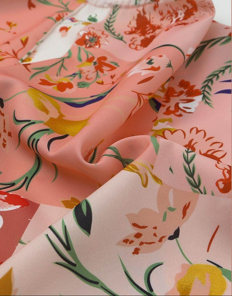 Boho pink floral wrap shirt with vibrant floral patterns and soft fabric for stylish summer wear
