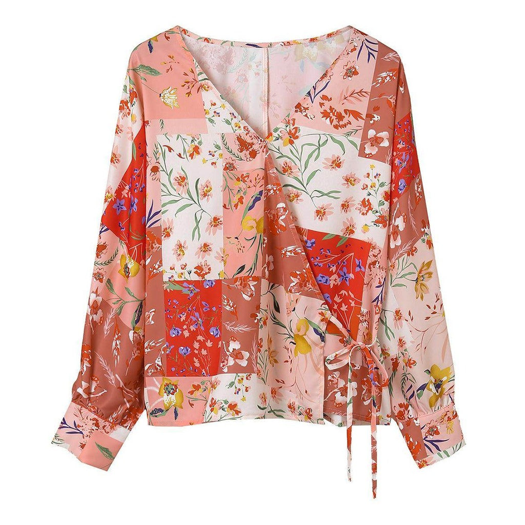 Boho pink floral wrap shirt with a V-neck and stylish tie detail for a trendy summer look