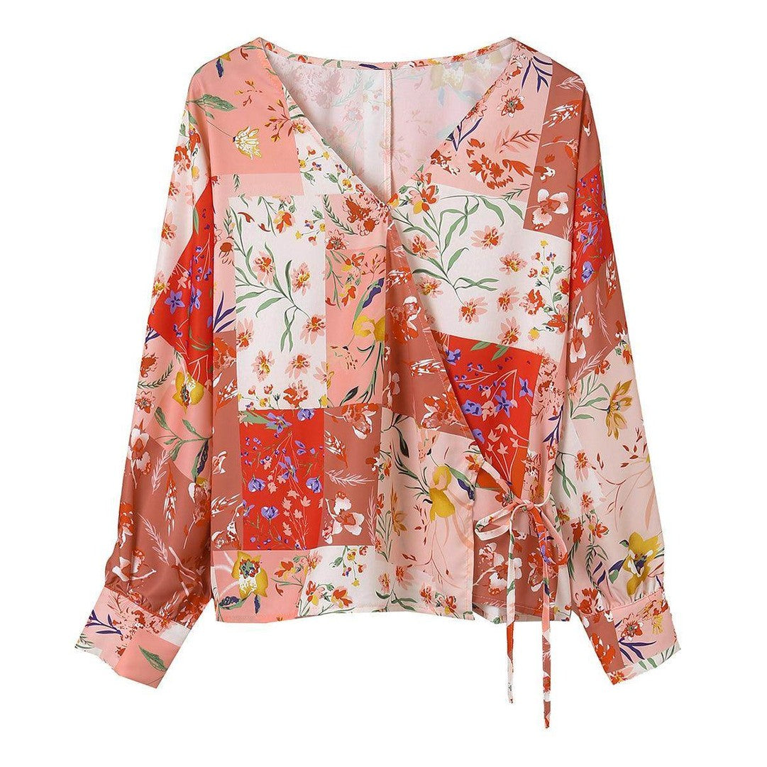 Boho pink floral wrap shirt with a V-neck and stylish tie detail for a trendy summer look