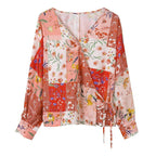 Boho pink floral wrap shirt with a V-neck and stylish tie detail for a trendy summer look