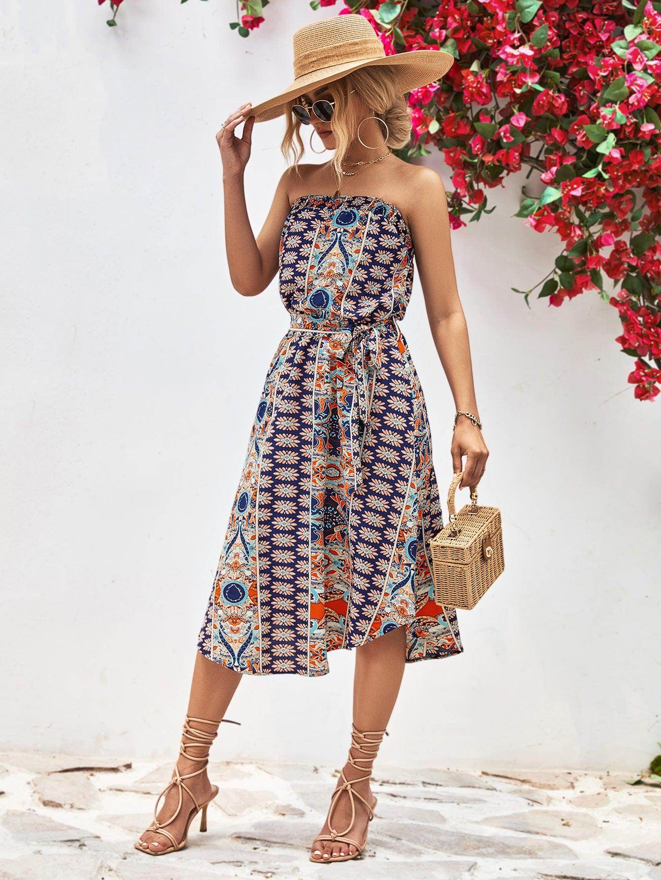 Trendsi Women's Boho Style Strapless Dress in Vibrant Print with Flowy Skirt and Stylish Accessories
