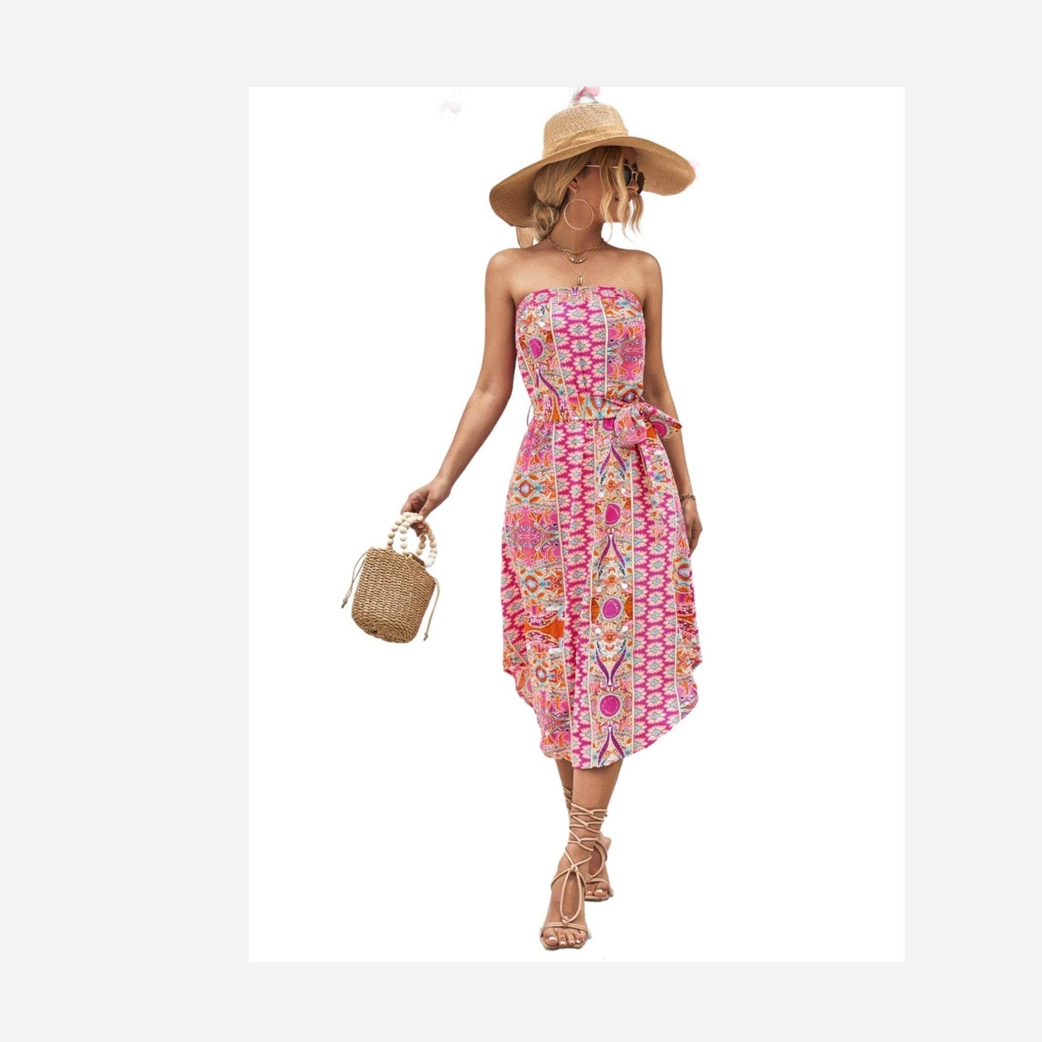 Trendsi boho style strapless dress in vibrant pink with floral patterns and a belted waist