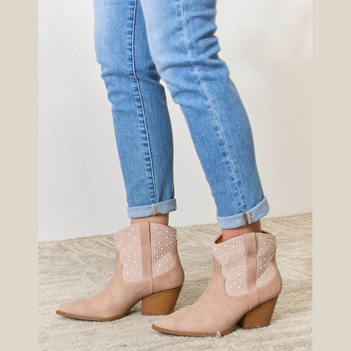 Women's beige suede ankle booties with decorative studs, casual wear