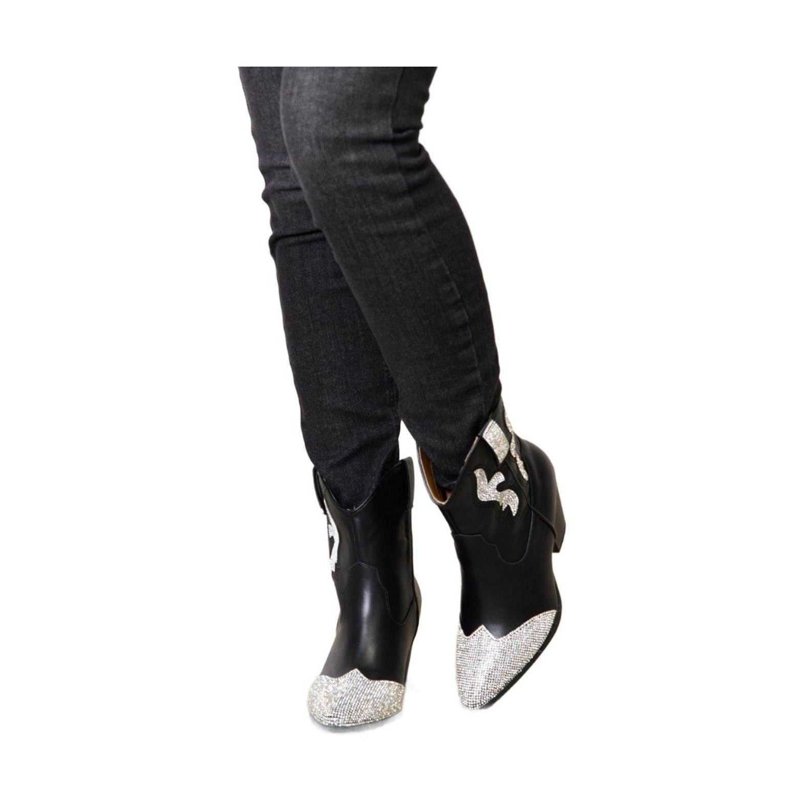 Trendsi women's black boots pointed toe with silver glitter accents