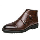 Stylish British luxury ankle boots in brown leather with twin buckle details for men's fashion