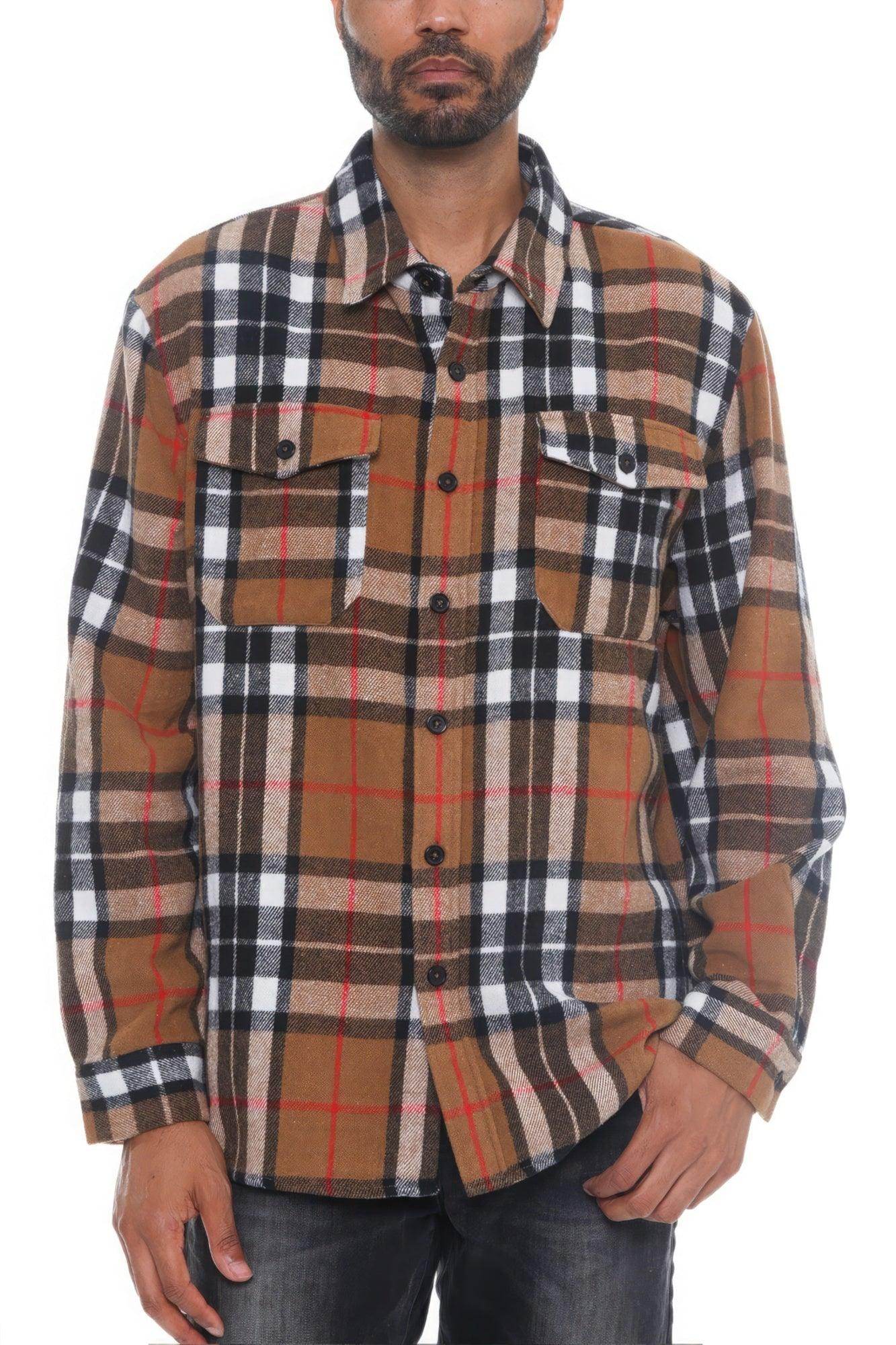 Men's brown flannel shirt jacket with checkered pattern and button-up front for casual wear