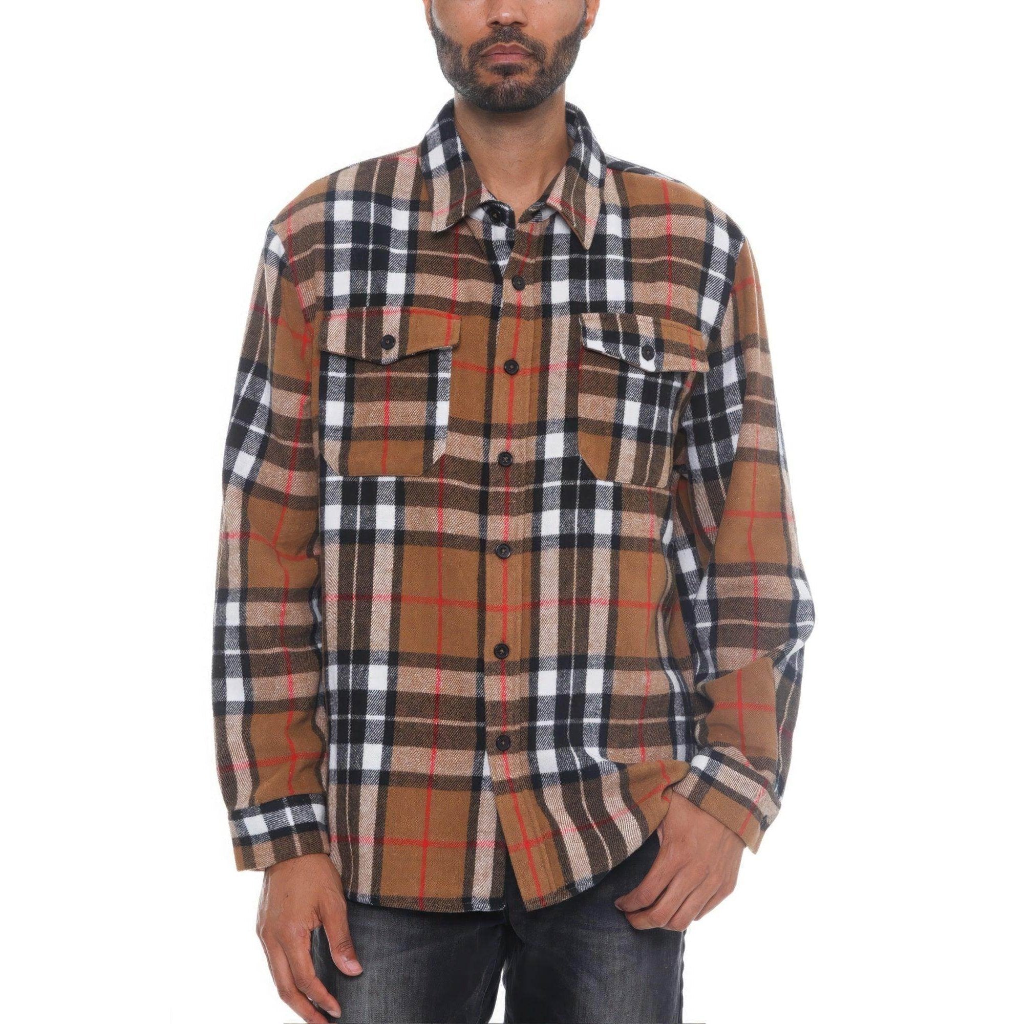Men's brown flannel shirt jacket with checkered pattern and button-up front for casual wear