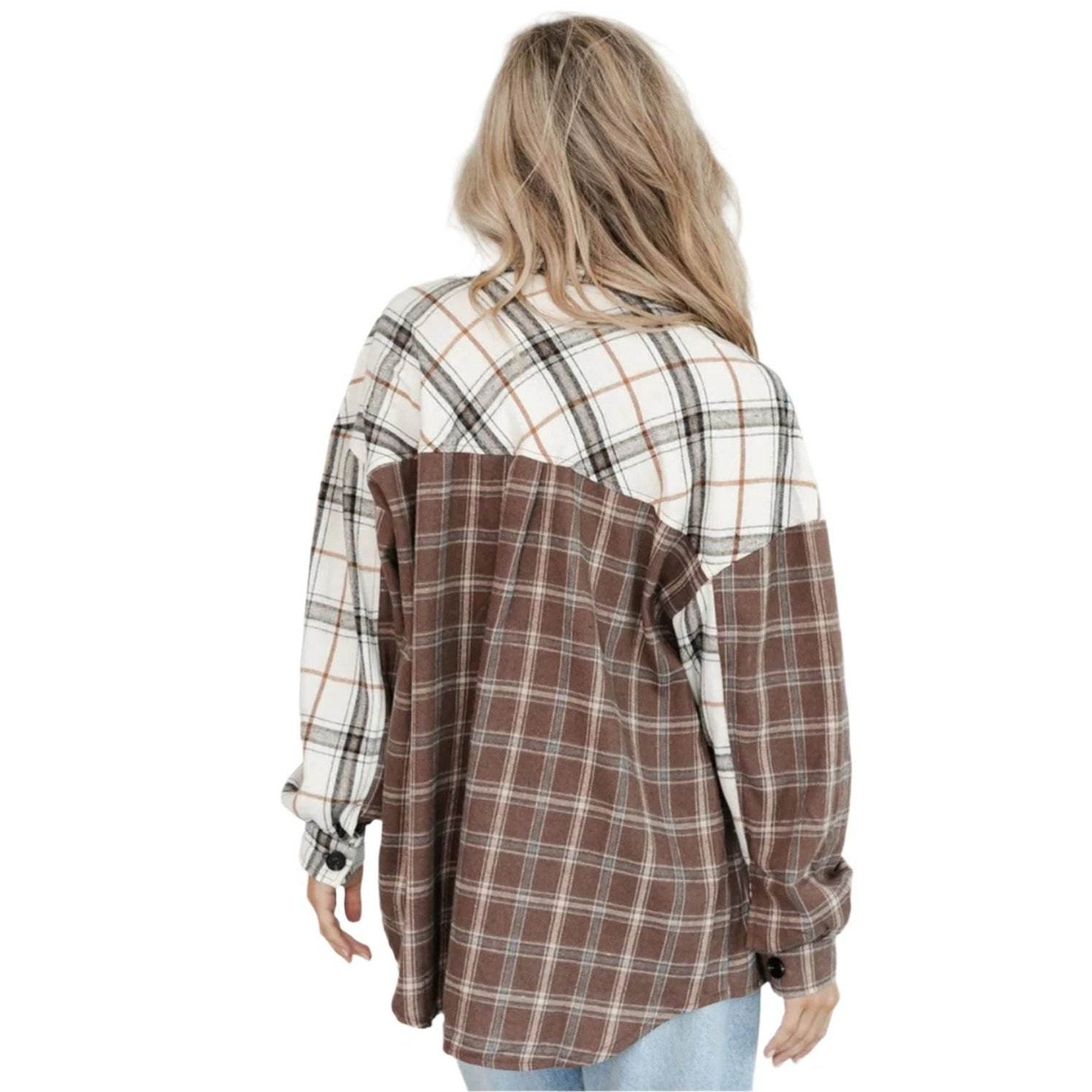 Brown plaid oversized shacket made of soft fabric for a stylish layered look
