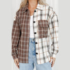 Brown plaid oversized shacket from VacationGrabs featuring a button-up front and chest pocket