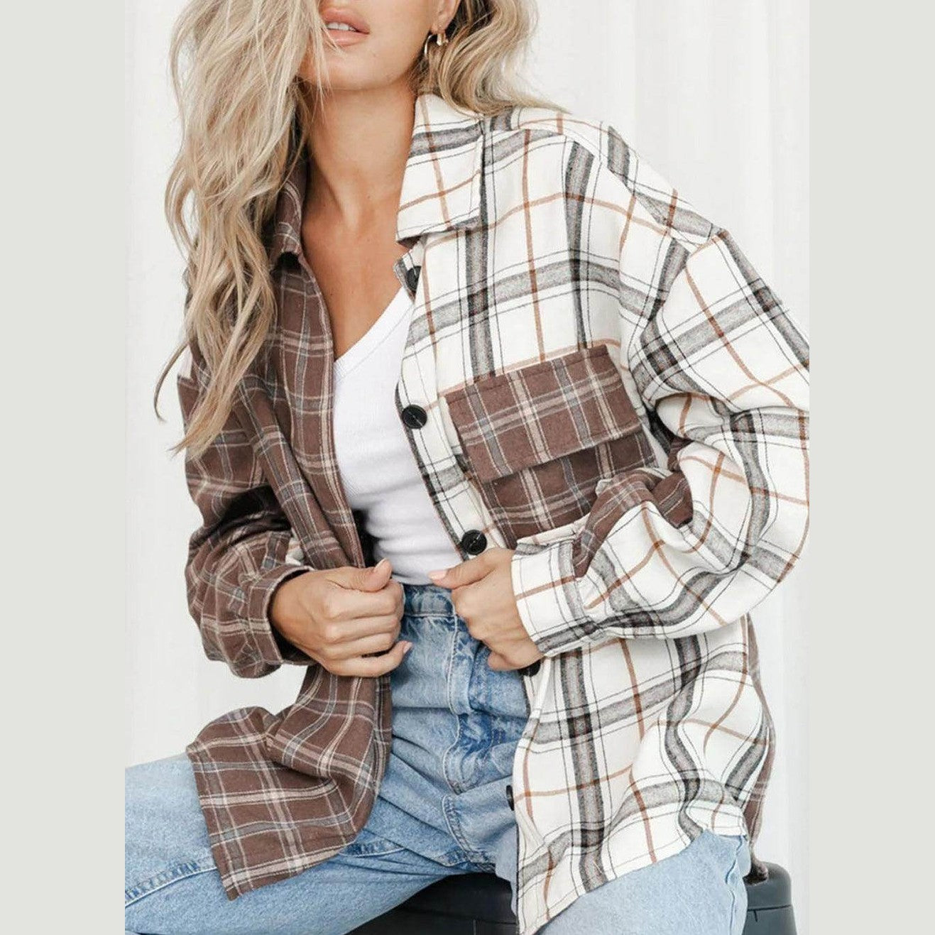 Brown plaid oversized shacket featuring a mixed check design for a stylish casual look