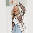 Brown plaid oversized shacket from VacationGrabs featuring button closure and pockets