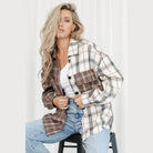 Women's brown plaid oversized shacket from VacationGrabs with a stylish button-up design