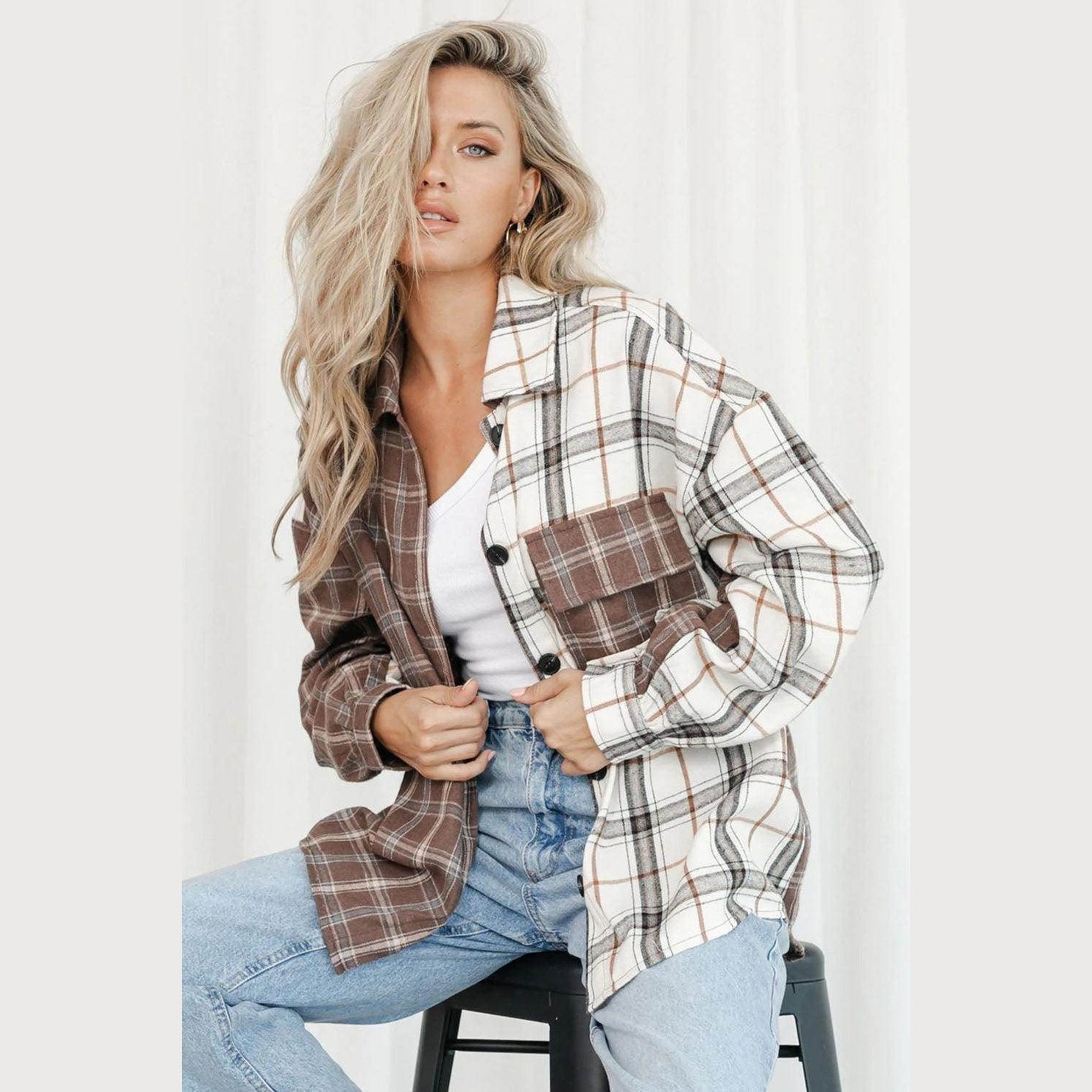 Women's brown plaid oversized shacket from VacationGrabs with a stylish button-up design