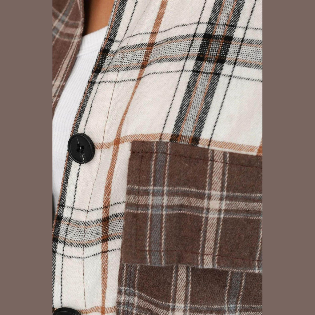 Brown plaid oversized shacket with button closure and chest pocket detail