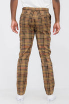 Back view of brown plaid slim fit trousers from VacationGrabs featuring a stylish design for casual wear