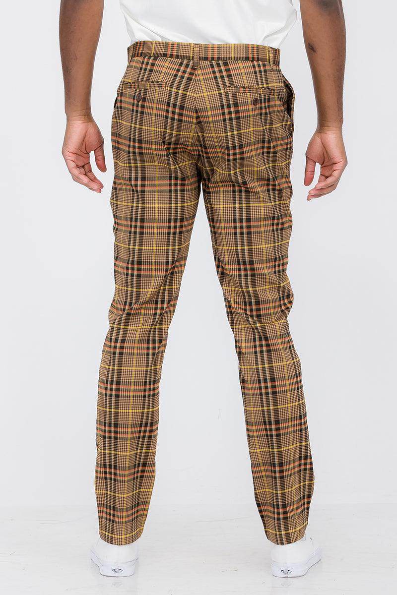 Back view of brown plaid slim fit trousers from VacationGrabs featuring a stylish design for casual wear