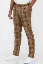 Mens brown plaid slim fit trousers from VacationGrabs styled with a casual white shirt