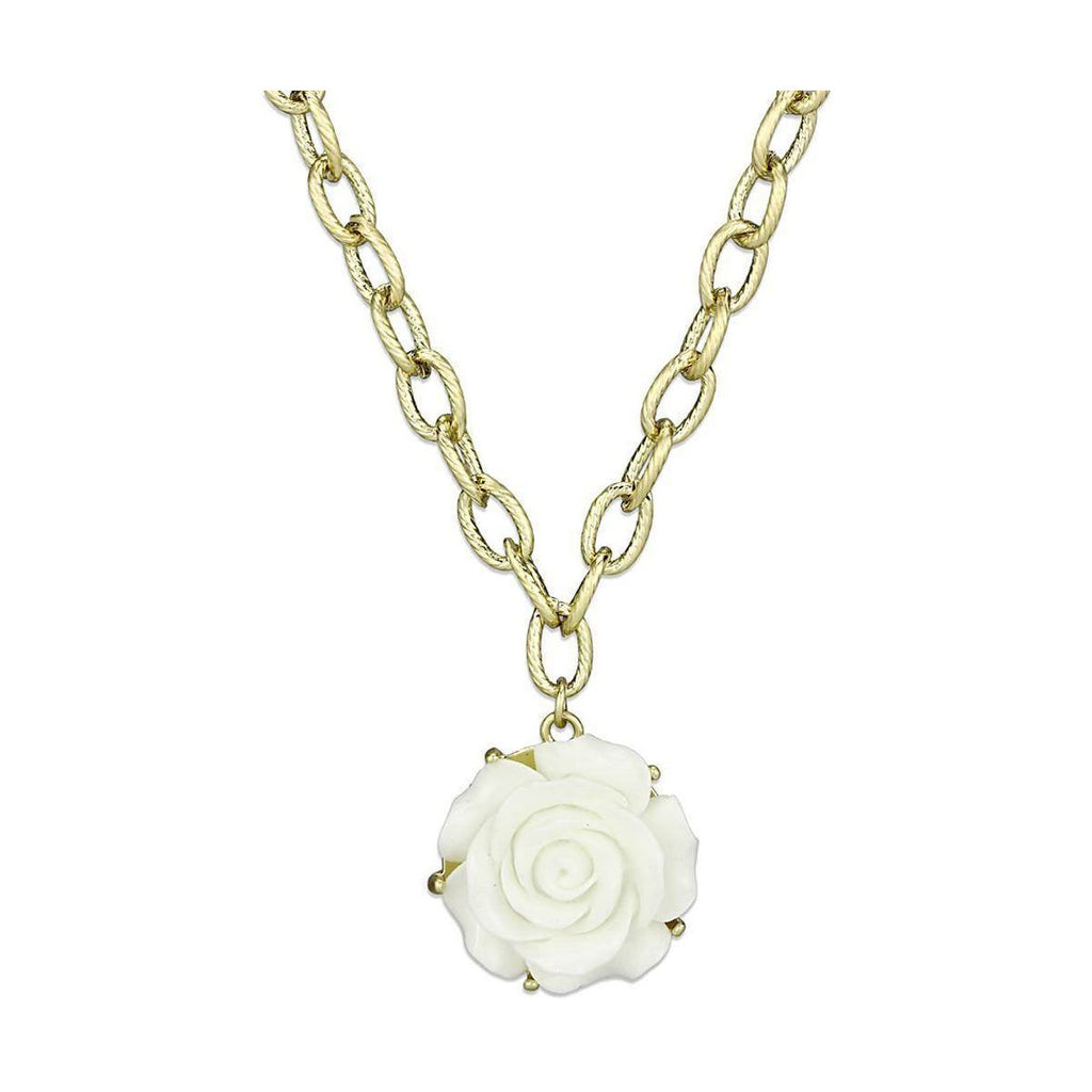 Brush brass rose necklace featuring a delicate white rose pendant on a gold chain