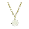 Brush brass rose necklace featuring a delicate white rose pendant on a gold chain