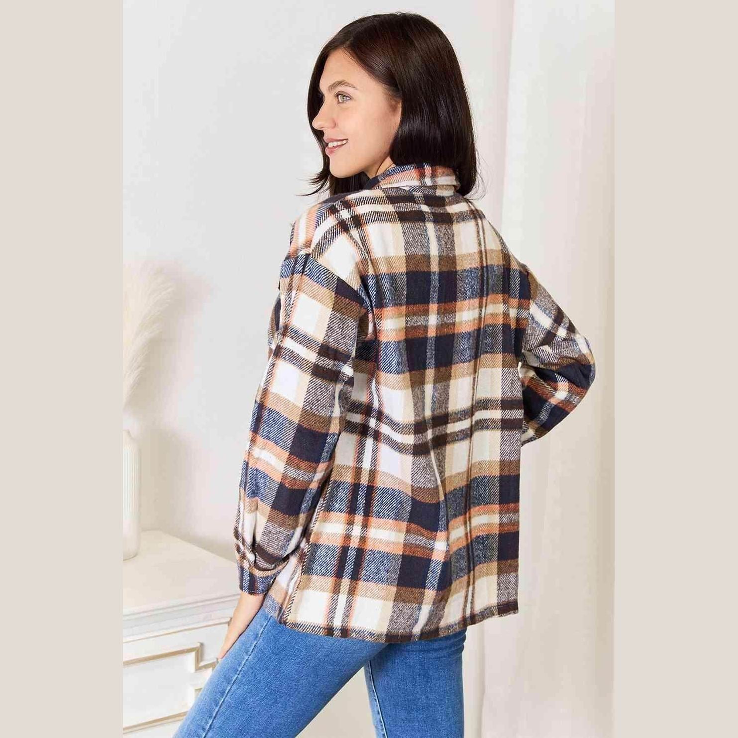 Stylish women's button front plaid shacket with a cozy fit and vibrant colors