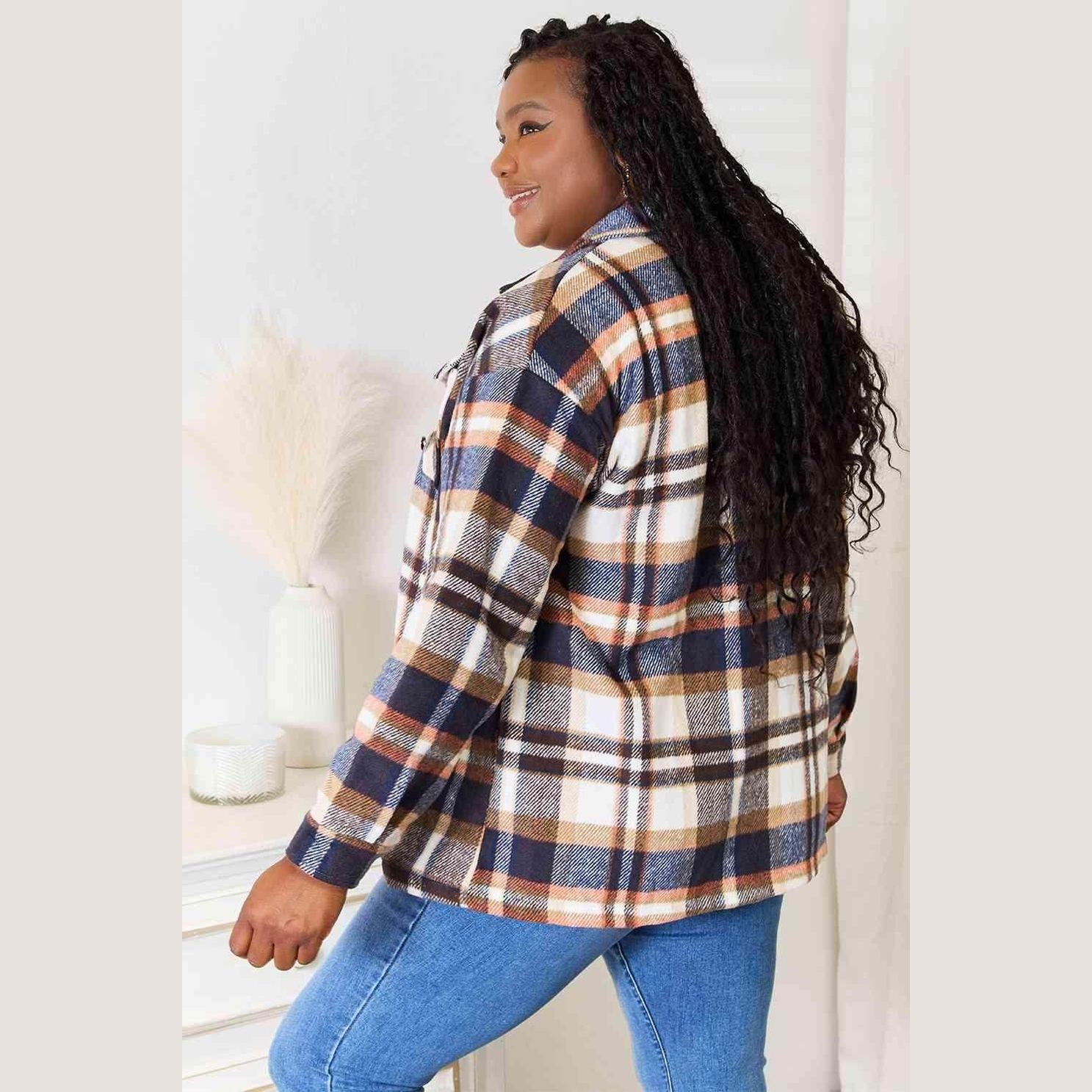 Trendsi Women's Button Front Plaid Shacket with a relaxed fit and cozy design for stylish layering