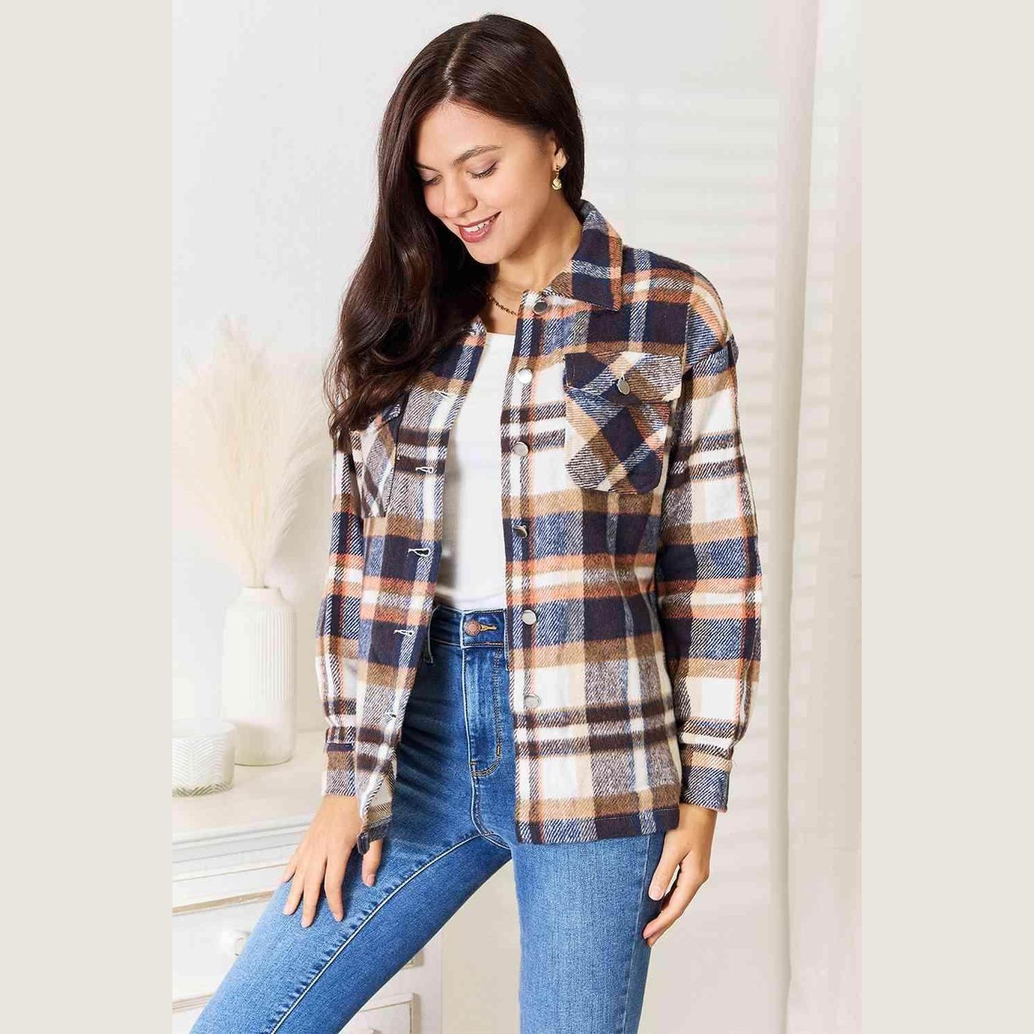 Trendsi button front plaid shacket in cream, blue, and orange pattern for women with a stylish fit