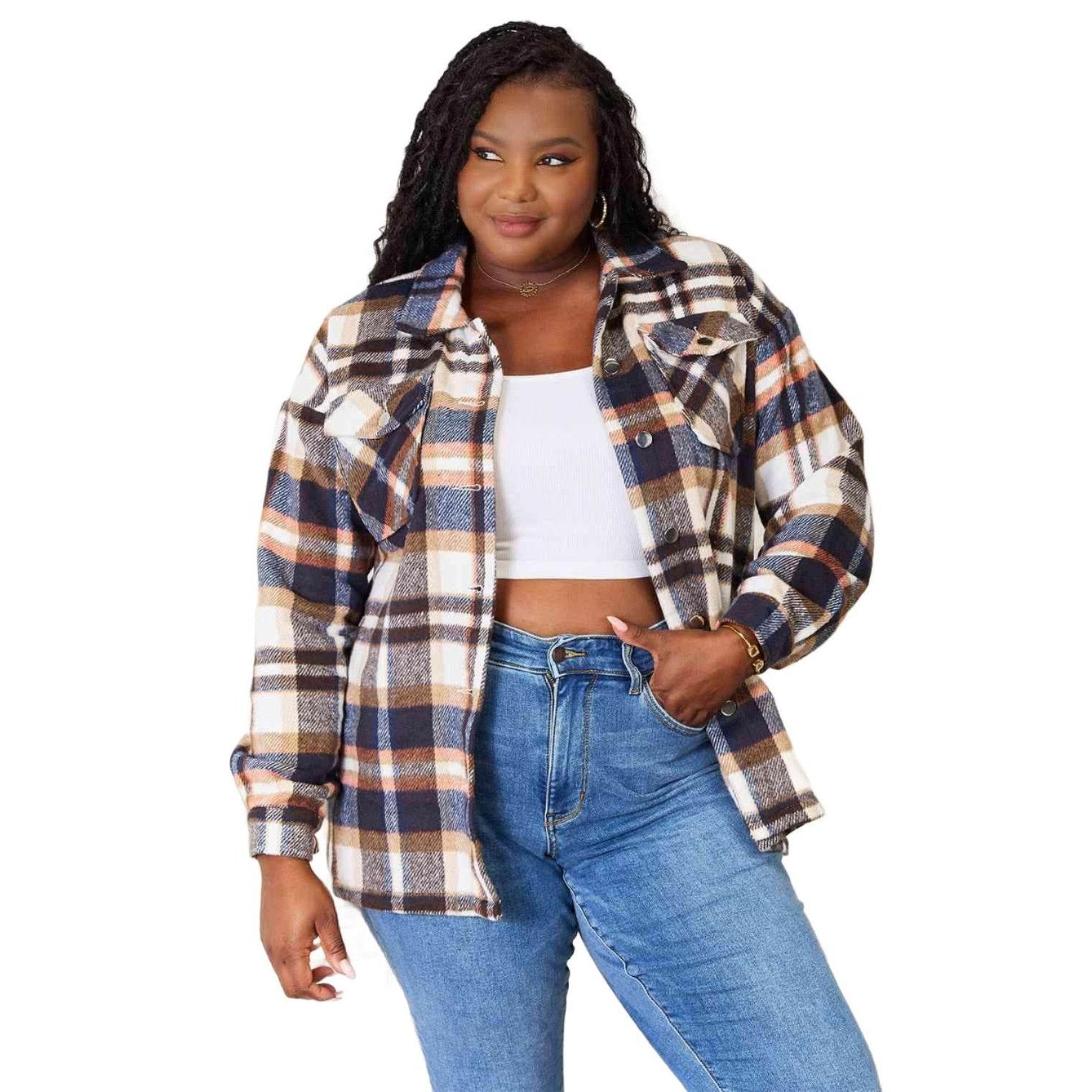 Trendsi women's button front plaid shacket in multi-color with two chest pockets for casual style