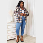 Trendsi button front plaid shacket in brown and cream worn with blue jeans for a casual look