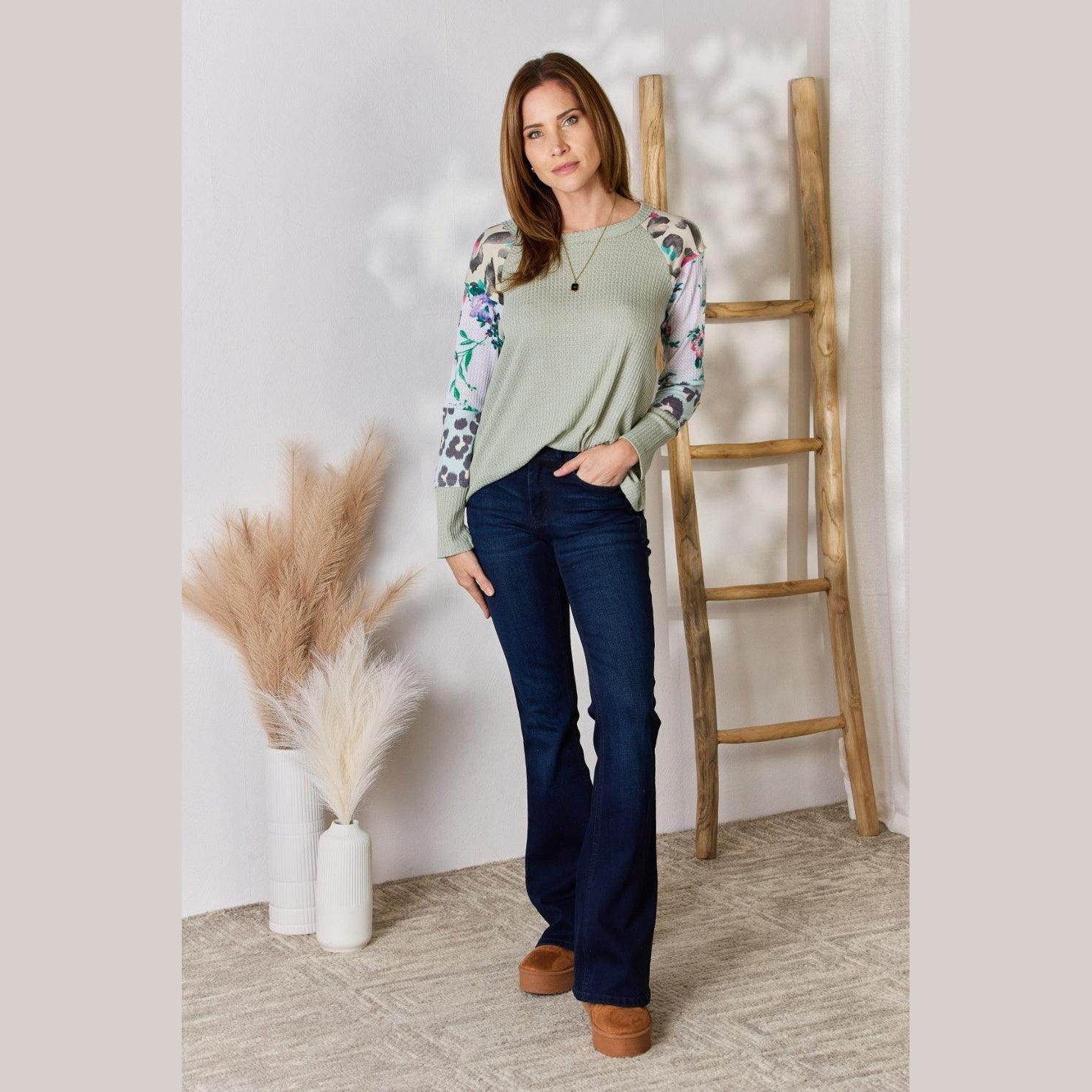 Hailey & Co Full Size Printed Round Neck Blouse - VacationGrabs
