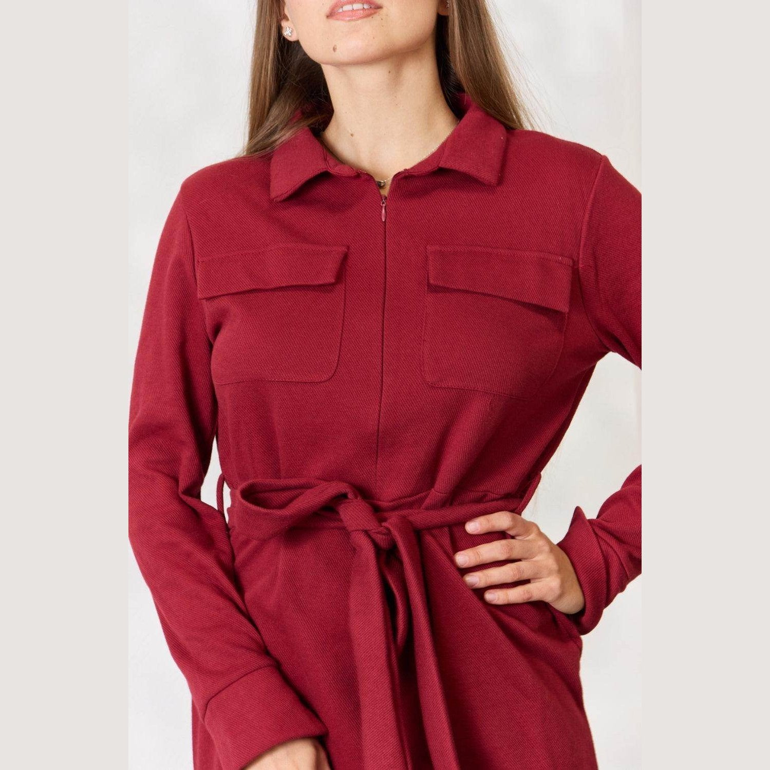 Culture Code Full Size Tie Front Half Zip Long Sleeve Shirt - VacationGrabs