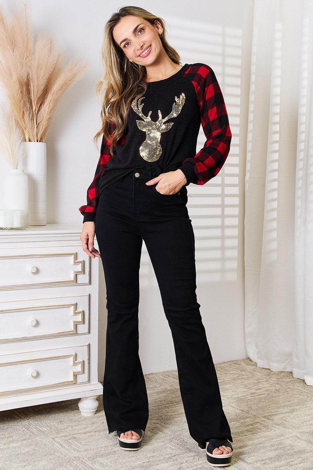 Heimish Full Size Sequin Reindeer Graphic Plaid Top - VacationGrabs